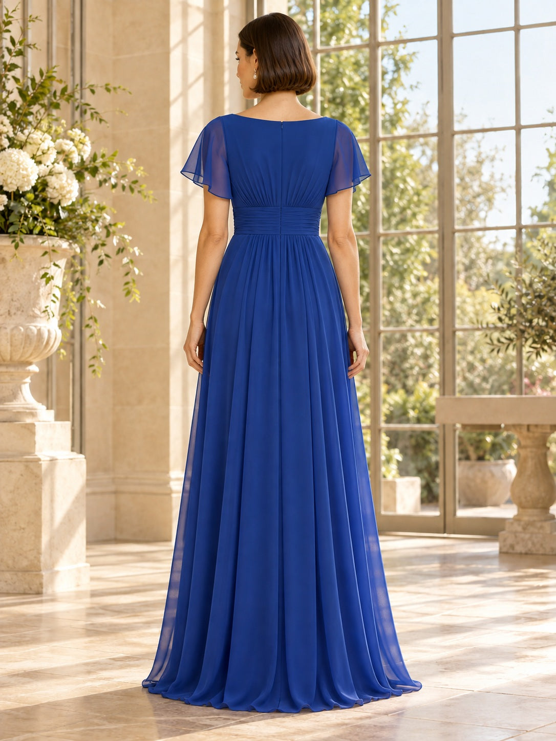 Modest Royal Blue Bateau Flutter Sleeve Gathered Chiffon Long Bridesmaid Dress — image 2, style 113289
