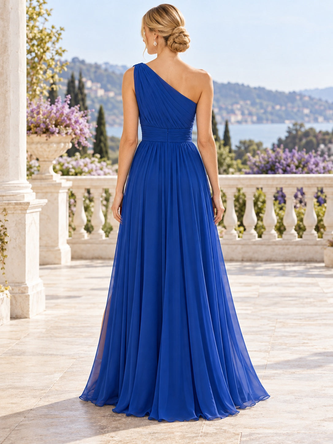 Royal Blue One Shoulder Gathered Chiffon Slit Flowing Long Bridesmaid Dress — image 2, style 113290