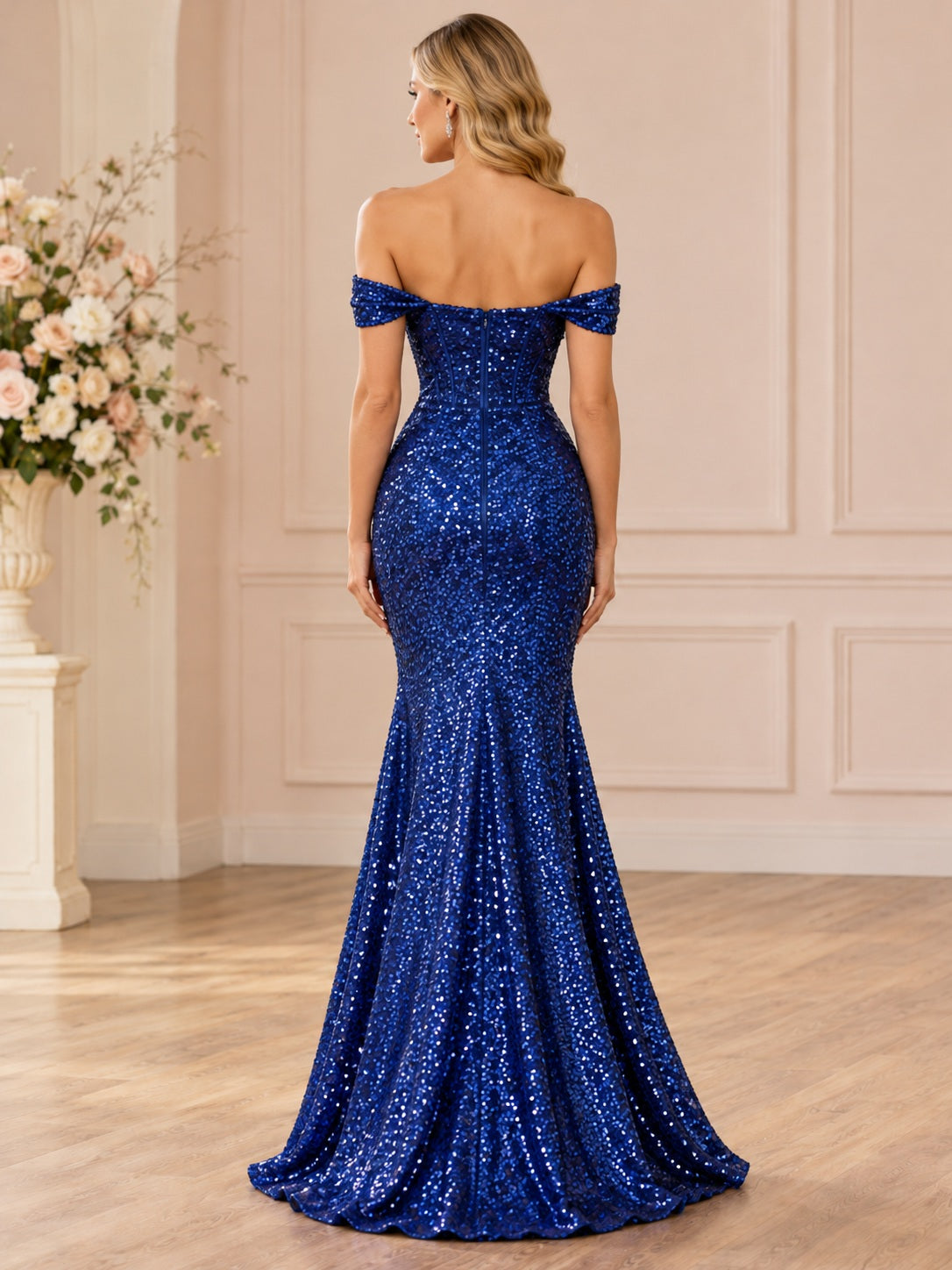 Royal Blue Mermaid Off Shoulder Sequin Fitted Flared Long Bridesmaid Dress — image 2, style 113293
