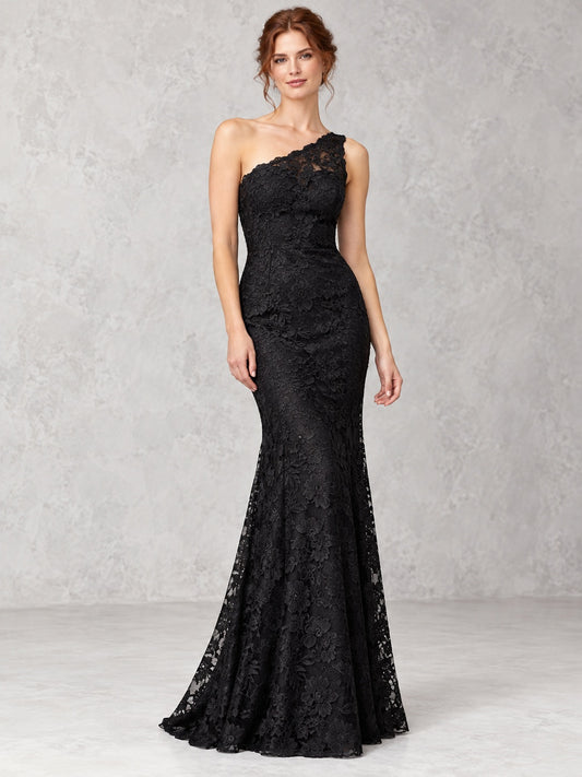 Vestido de dama de honor de encaje en negro, corte sirena, un hombro, sin mangas y largo hasta el suelo
