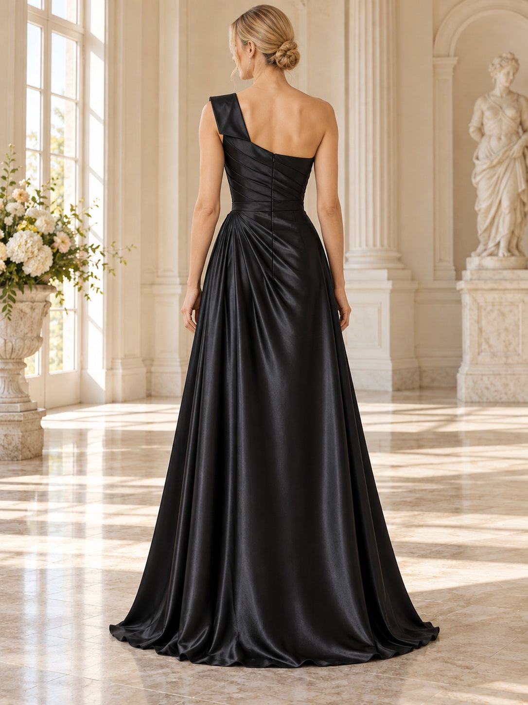 Schwarzes One-Shoulder-Brautjungfernenkleid aus Satin mit Drapierung, Raffung und Schlitz