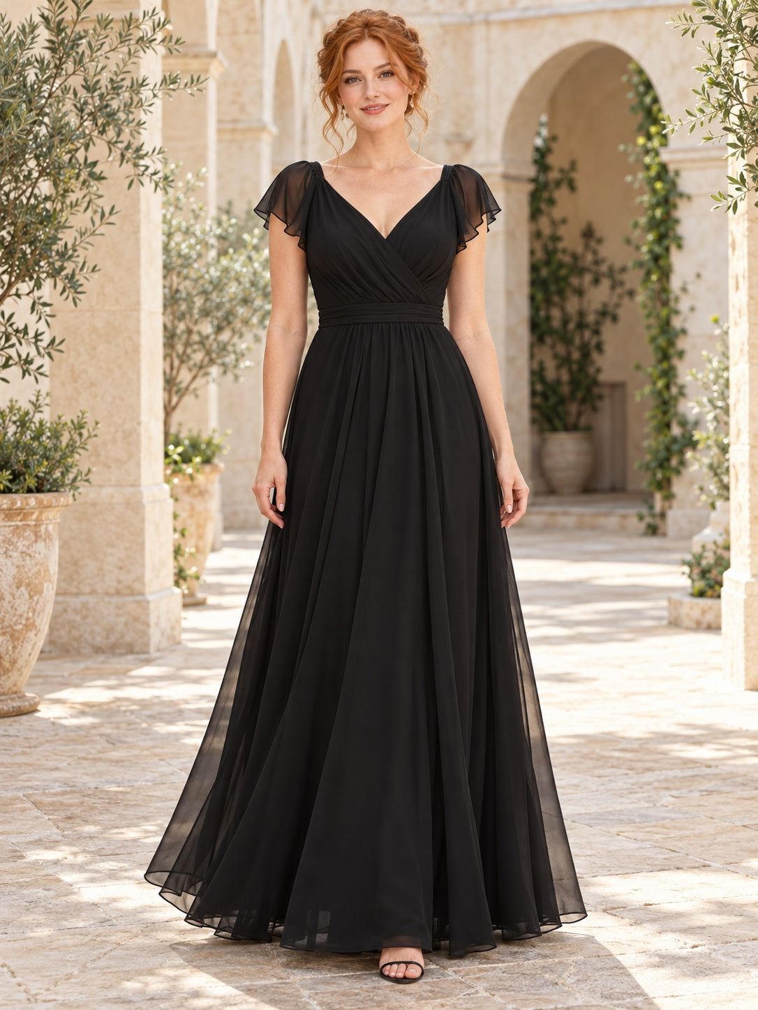 Vestido de dama de honor de gasa en negro, línea A, escote en V, manga corta y largo hasta el suelo