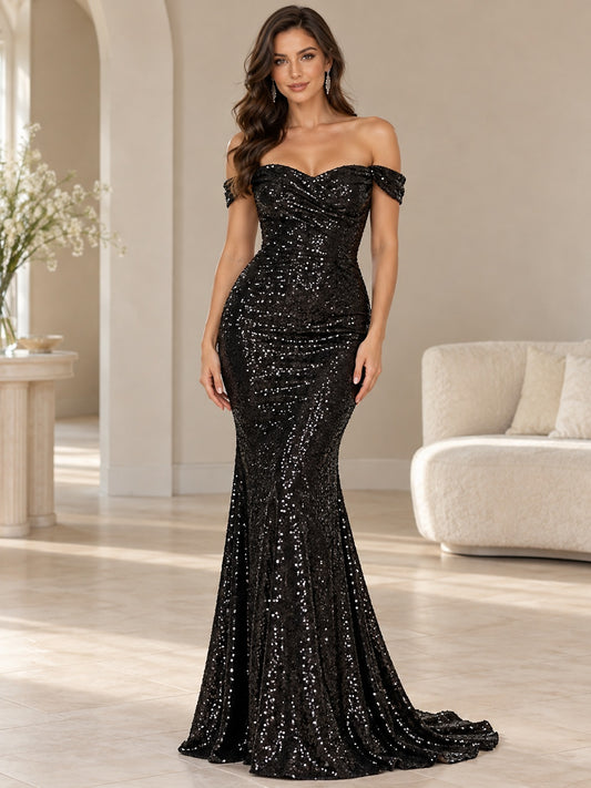 Vestido de dama de honor de lentejuelas en negro, corte sirena, hombros descubiertos y escote corazón, manga corta y cola corta