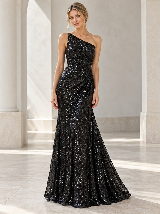 Vestido de dama de honor de lentejuelas en negro, corte trompeta, un hombro, sin mangas y largo hasta el suelo