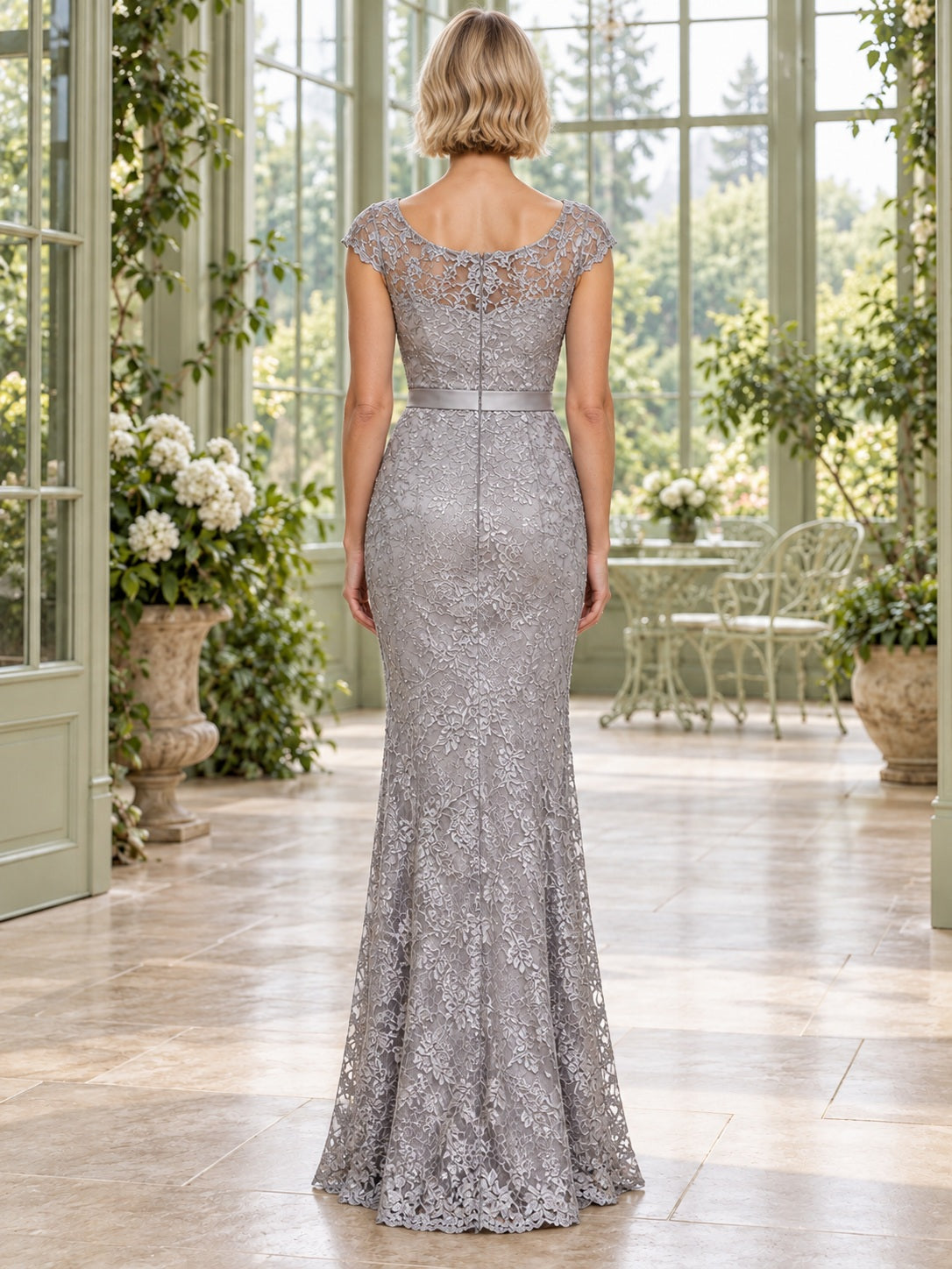 Silver Floral Lace Jewel Neck Cap Sleeve Fitted Long Bridesmaid Dress — image 2, style 113316