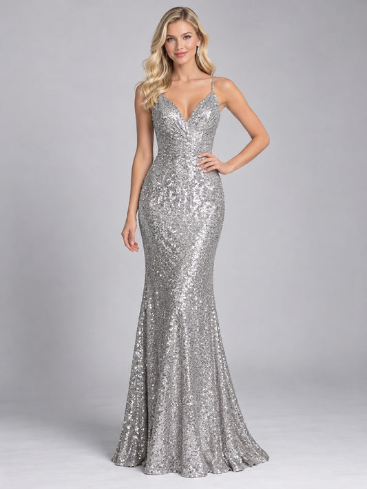 Silver Mermaid V-neck Spaghetti Strap Sparkling Sequin Long Bridesmaid Dress — image 1, style 113331