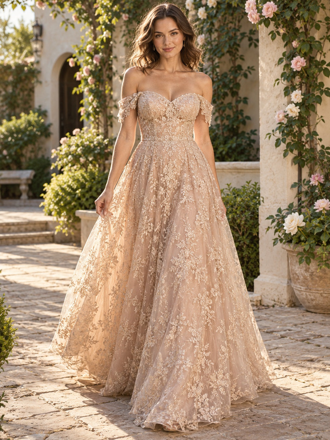 Vestido de dama de honor de encaje en champán, línea A, hombros descubiertos y escote corazón, manga corta y largo hasta el suelo