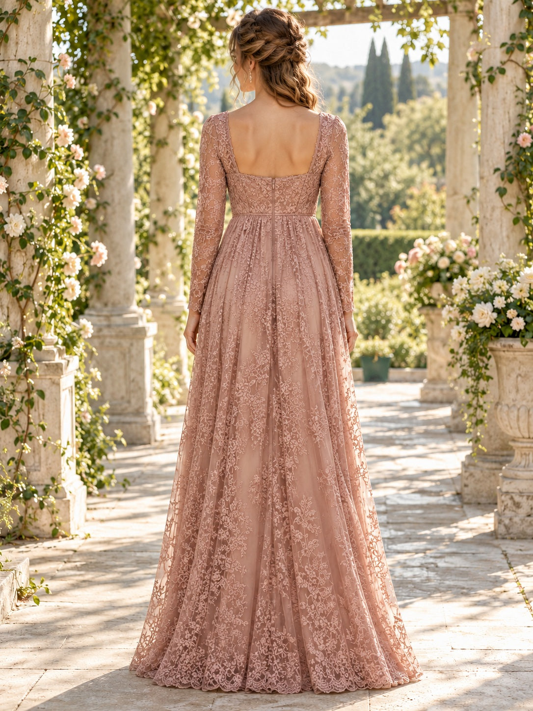 Modest Long Sleeve Dusty Rose Square Neck Floral Lace Bridesmaid Dress — image 2, style 113338