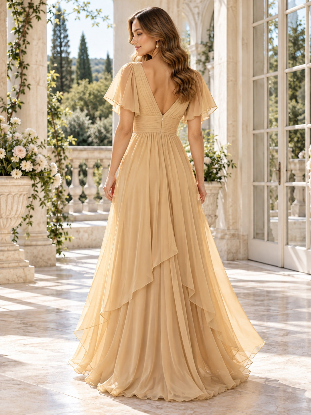 Vestido de dama de honor de gasa en dorado, línea A, escote en V, manga corta y largo hasta el suelo