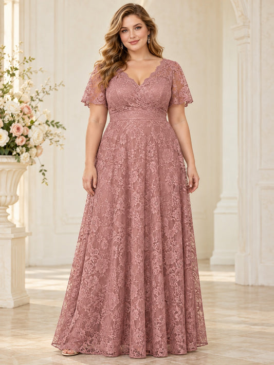Vestido de dama de honor en talla grande de encaje en rosa antiguo, línea A, escote en V, manga corta y largo hasta el suelo
