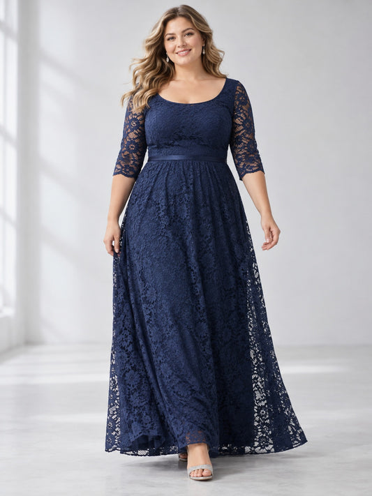 Vestido de dama de honor en talla grande de encaje en azul marino oscuro, línea A, escote redondo, manga tres cuartos y largo al tobillo