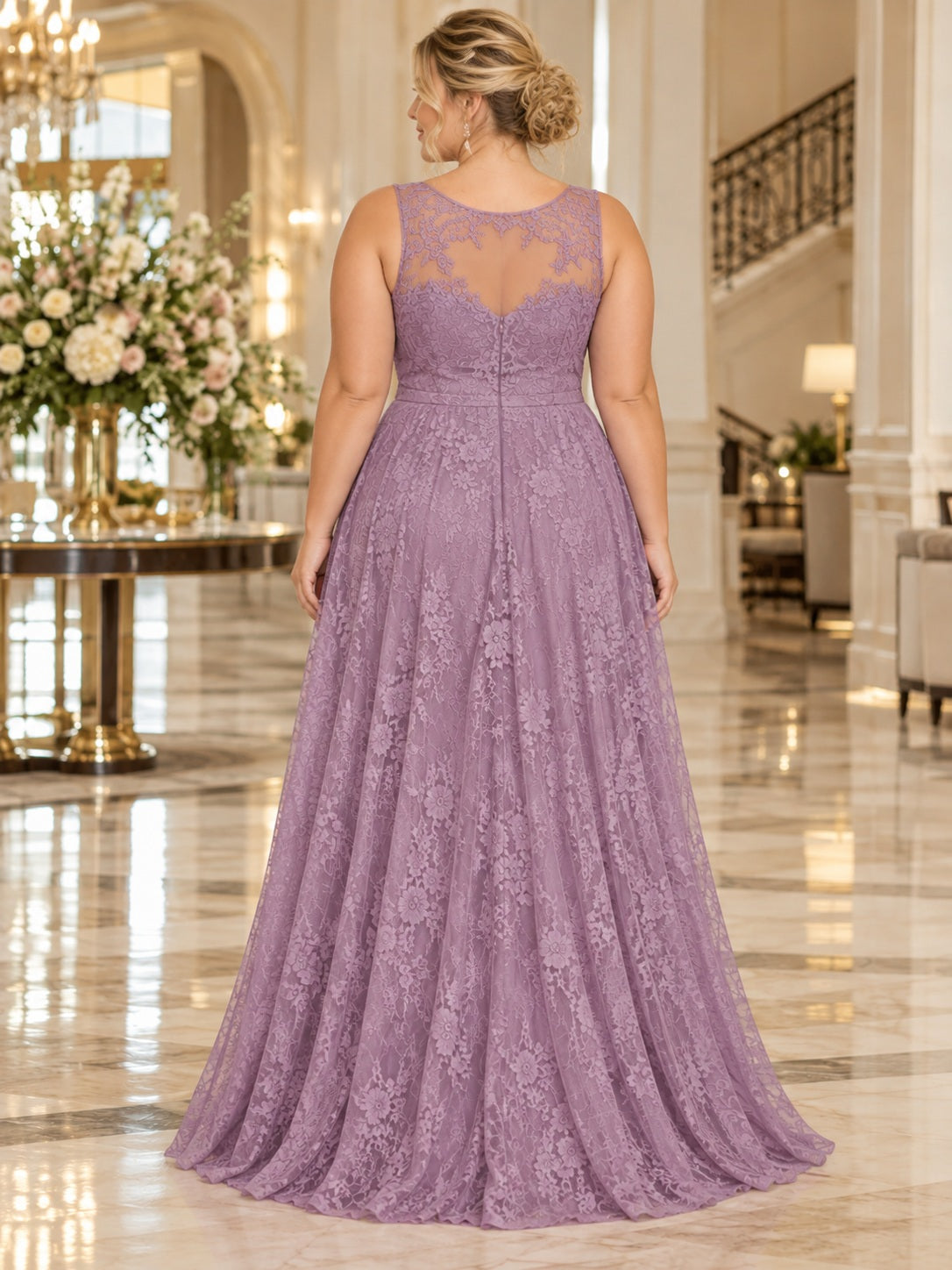 Plus Size Mauve Floral Lace Illusion Jewel Neck Long Bridesmaid Dress — image 2, style 113359