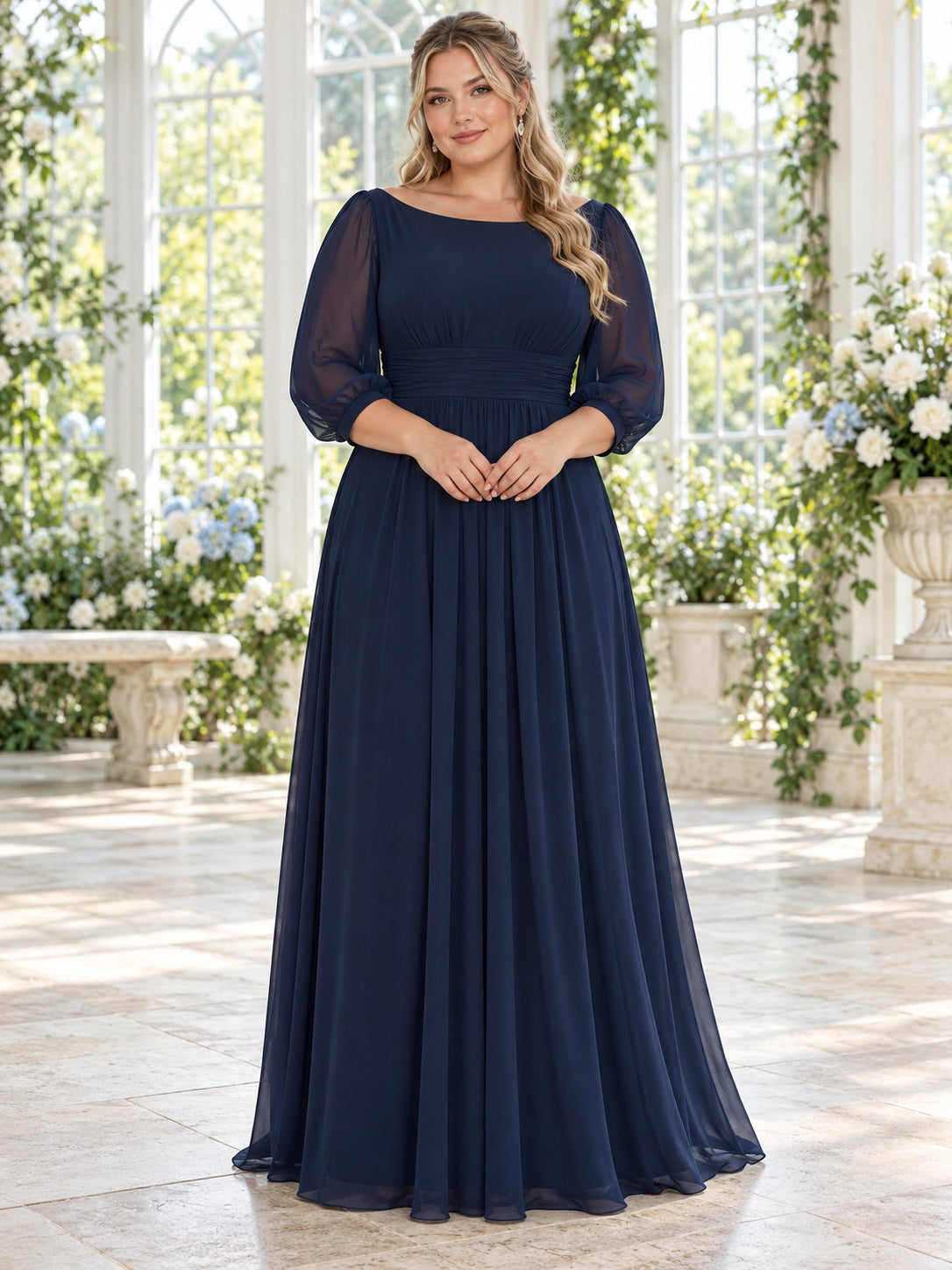 Plus Size Modest Dark Navy Bateau Sheer Sleeved Chiffon Bridesmaid Dress — image 1, style 113367