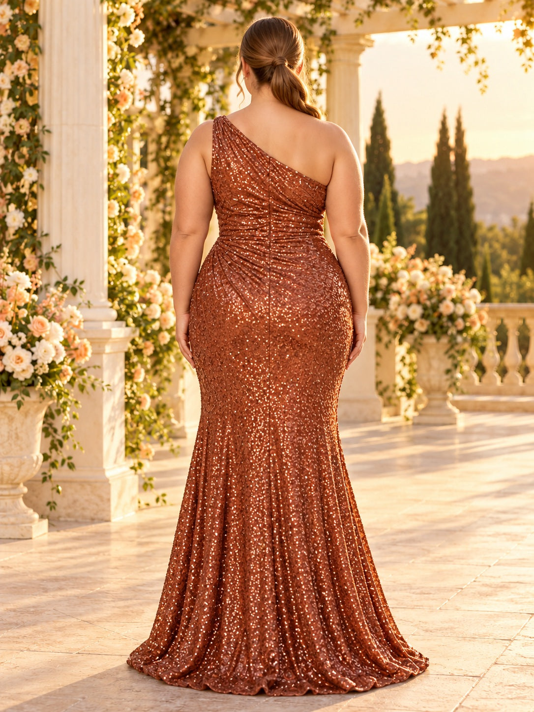 Vestido de dama de honor en talla grande de lentejuelas en papaya, corte trompeta, un hombro, sin mangas y largo hasta el suelo