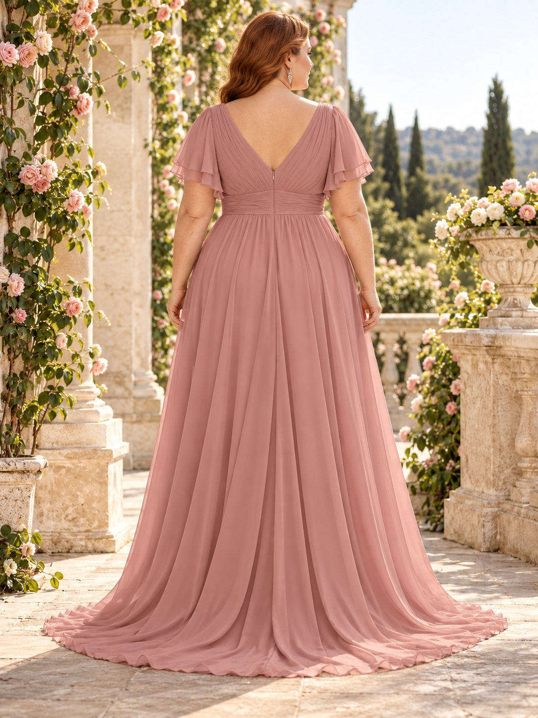 Robe de demoiselle d'honneur grande taille asymétrique en mousseline rose poudré à col en V et manches papillon
