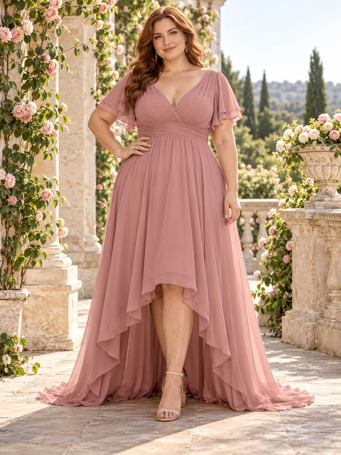 Robe de demoiselle d'honneur grande taille asymétrique en mousseline rose poudré à col en V et manches papillon