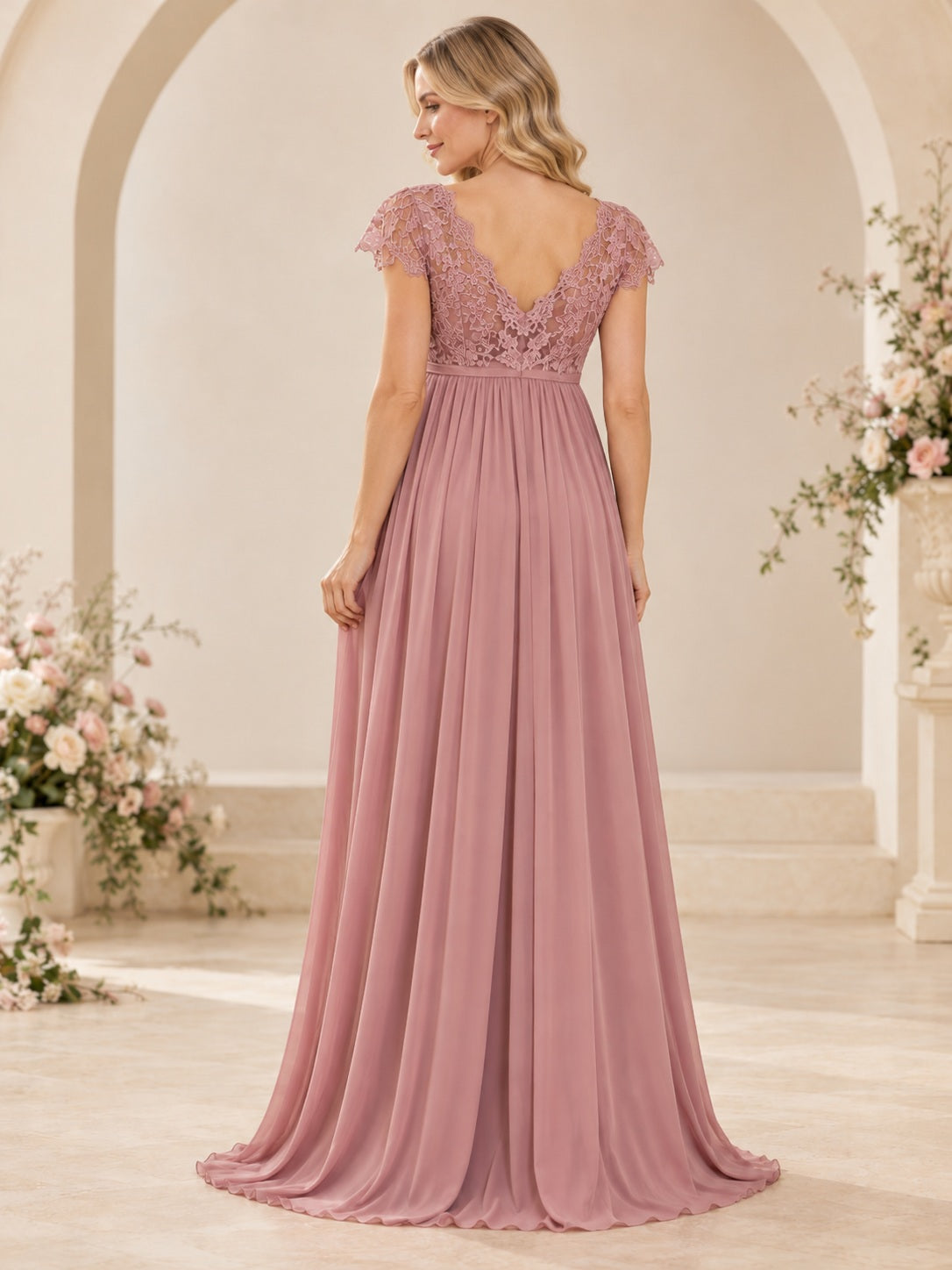 Maternity Dusty Rose V-neck Cap Sleeve Lace Chiffon Long Bridesmaid Dress — image 2, style 113406