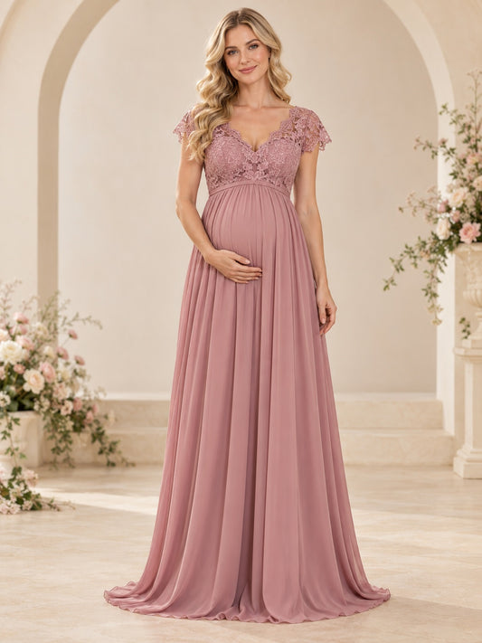 Vestido de dama de honor premamá de encaje y gasa en rosa antiguo, corte imperio, escote en V, manga corta y largo hasta el suelo