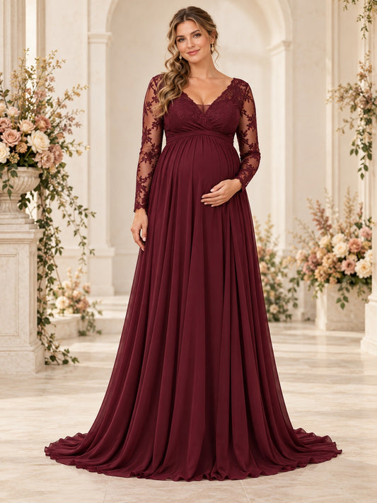 Robe de demoiselle d'honneur de grossesse en mousseline de dentelle bordeaux à manches longues et col en V, coupe évasée