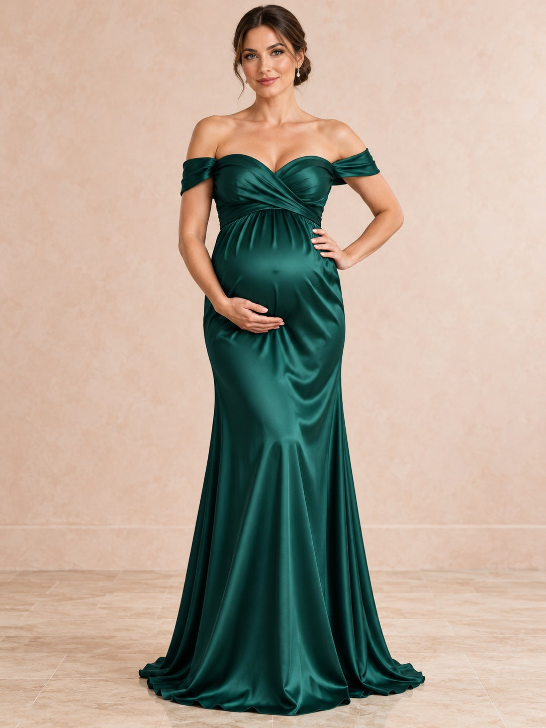 Robe de demoiselle d'honneur longue en satin vert foncé, coupe sirène et épaules dénudées, pour femme enceinte