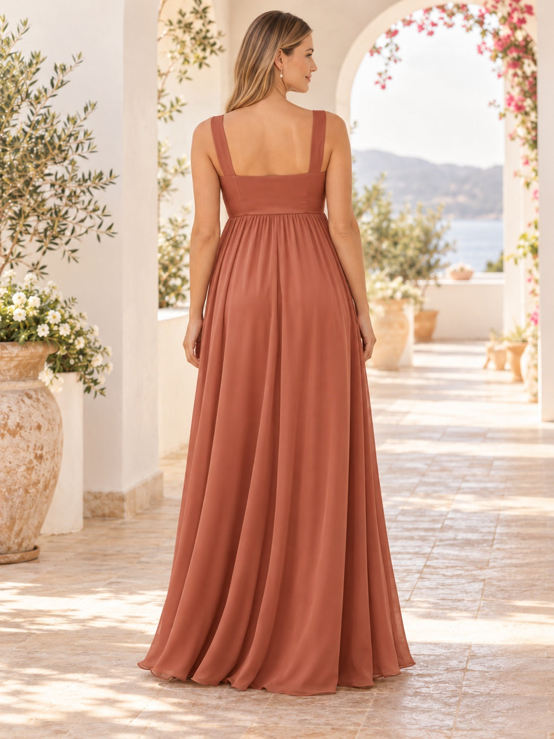 Vestido de dama de honor premamá de gasa en papaya, corte imperio, escote cuadrado, sin mangas y largo hasta el suelo