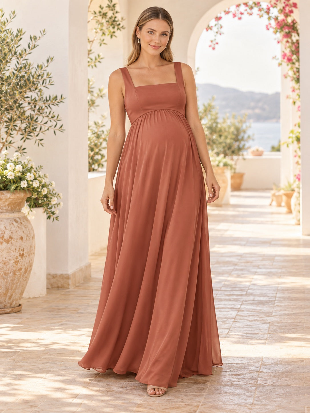 Vestido de dama de honor premamá de gasa en papaya, corte imperio, escote cuadrado, sin mangas y largo hasta el suelo
