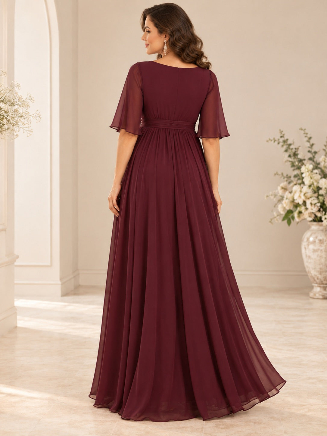 Vestido de dama de honor premamá de gasa en borgoña, corte imperio, escote en V, manga al codo y largo hasta el suelo