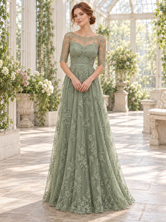 Vestido de dama de honor de encaje en verde salvia, de inspiración vintage, línea A, escote barco, manga tres cuartos y largo hasta el suelo