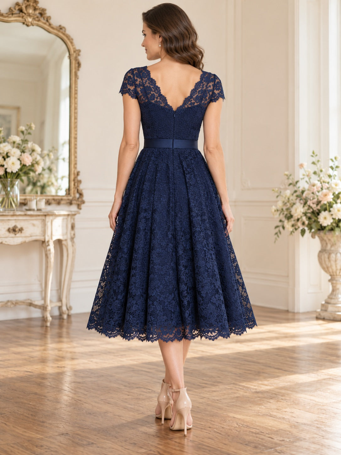Vintage Tea-length Dark Navy V-neck Cap Sleeve Lace Bridesmaid Dress — image 2, style 113458