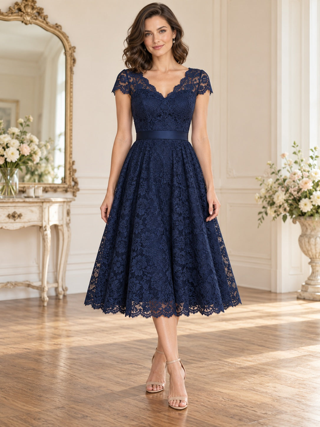Vintage Tea-length Dark Navy V-neck Cap Sleeve Lace Bridesmaid Dress — image 1, style 113458