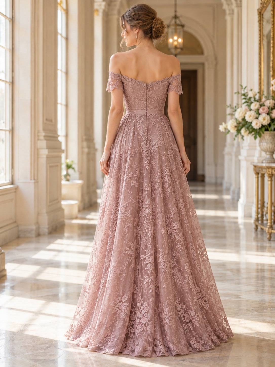 Langes Vintage-Brautjungferkleid in Mauve mit schulterfreiem Herzausschnitt und floraler Spitze