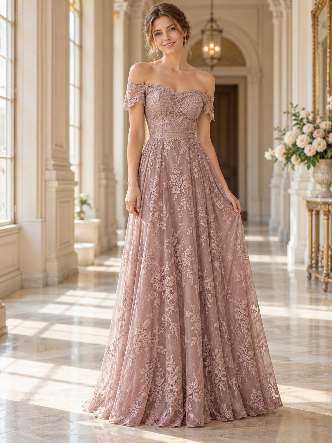 Langes Vintage-Brautjungferkleid in Mauve mit schulterfreiem Herzausschnitt und floraler Spitze