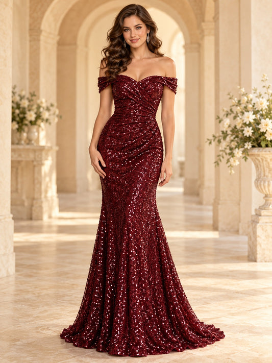 Vestido de dama de honor de lentejuelas en borgoña, de inspiración vintage, corte sirena, hombros descubiertos y escote corazón, manga corta y largo hasta el suelo