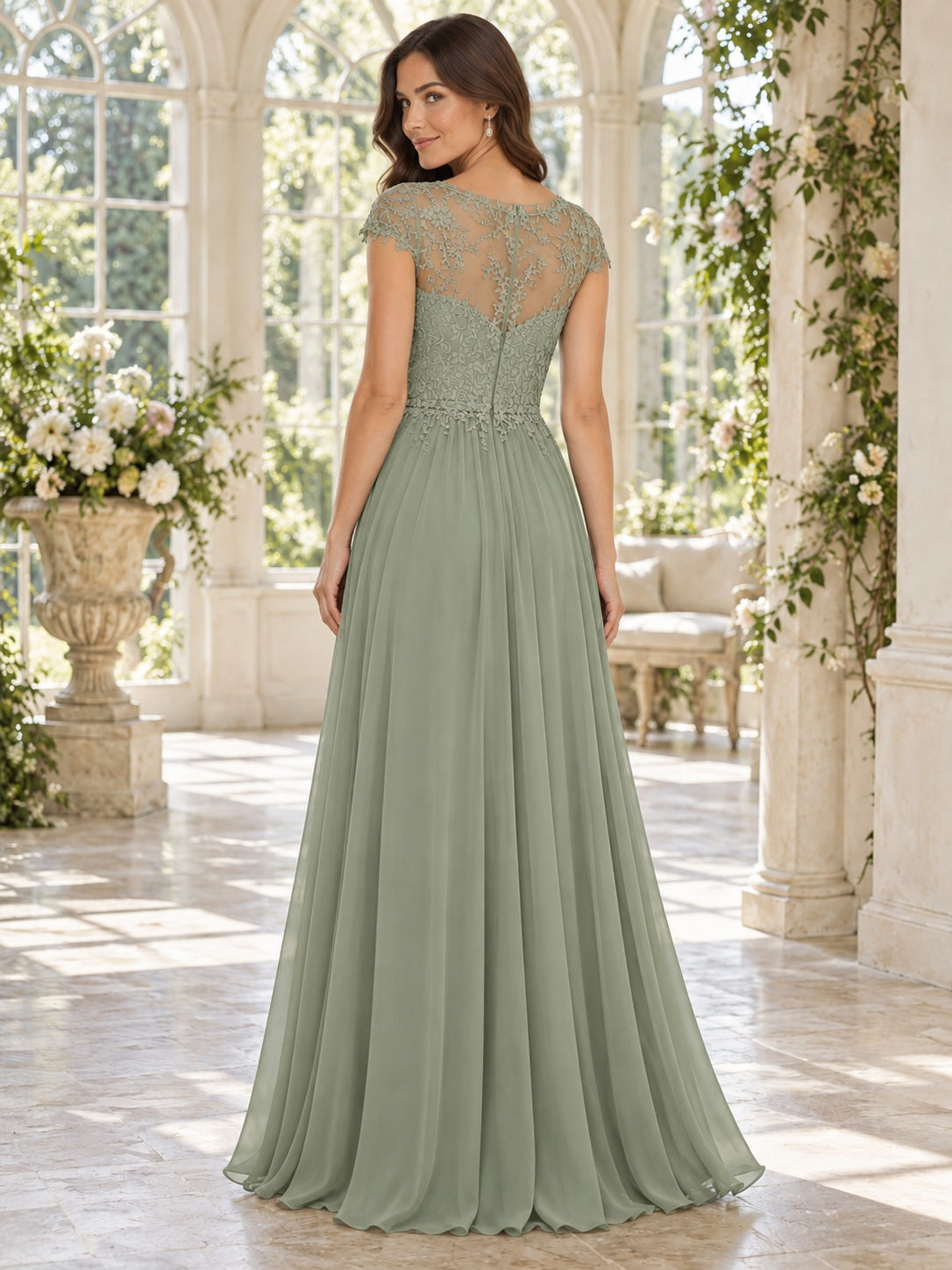 Modest Sage Bateau Cap Sleeve Floral Lace Chiffon Bridesmaid Dress — image 2, style 113478