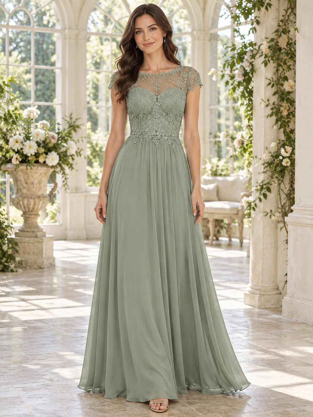 Modest Sage Bateau Cap Sleeve Floral Lace Chiffon Bridesmaid Dress — image 1, style 113478