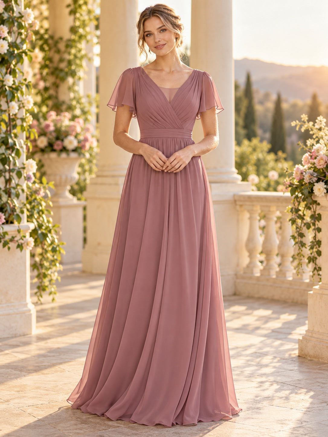 Robe de demoiselle d'honneur pudique en mousseline froncée vieux rose à col en V et manches papillon