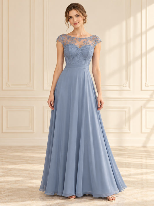Vestido de dama de honor de encaje y gasa en azul acero, línea A, escote barco, manga corta y largo hasta el suelo