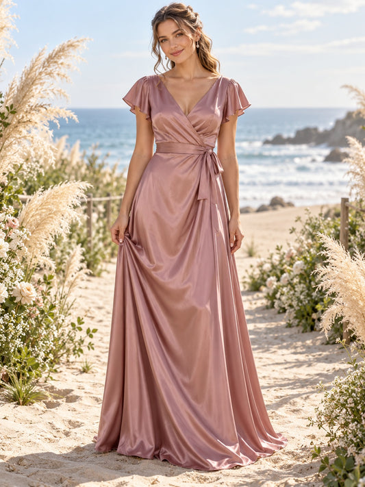 Beach Mauve V-neck Flutter Sleeve Ruched Satin Draped Long A-line Bridesmaid Dress — image 1, style 113525