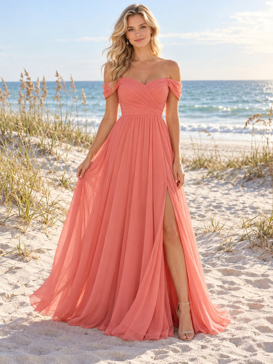 Vestido de dama de honor de gasa en coral, línea A, hombros descubiertos y escote corazón y largo hasta el suelo