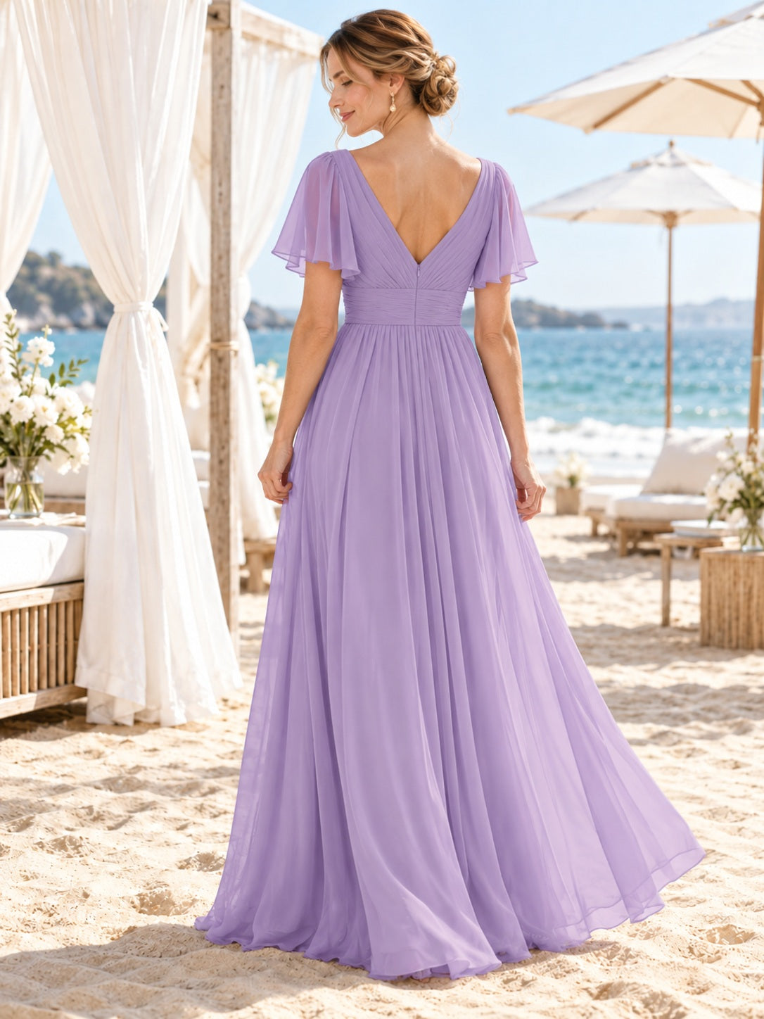 Vestido de dama de honor de gasa en lavanda, línea A, escote en V, manga corta y largo hasta el suelo