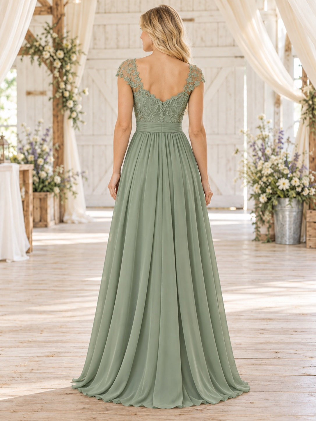 Vestido de dama de honor de encaje y gasa en verde salvia, línea A, escote corazón, manga corta y largo hasta el suelo