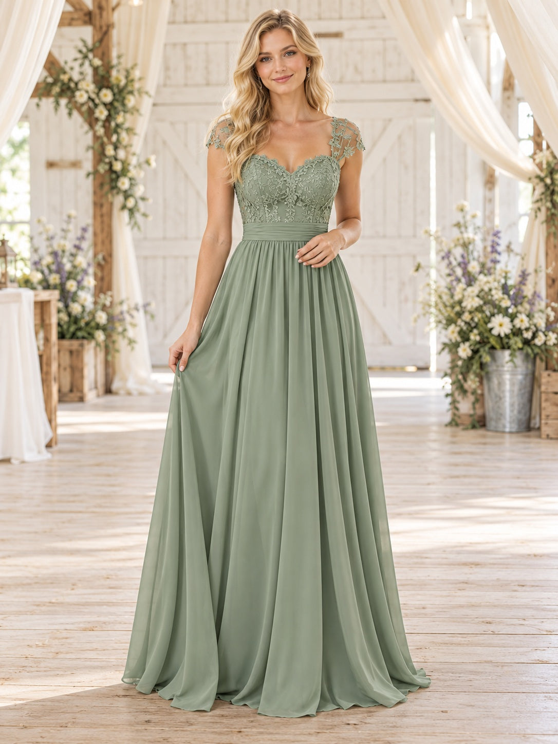 Vestido de dama de honor de encaje y gasa en verde salvia, línea A, escote corazón, manga corta y largo hasta el suelo