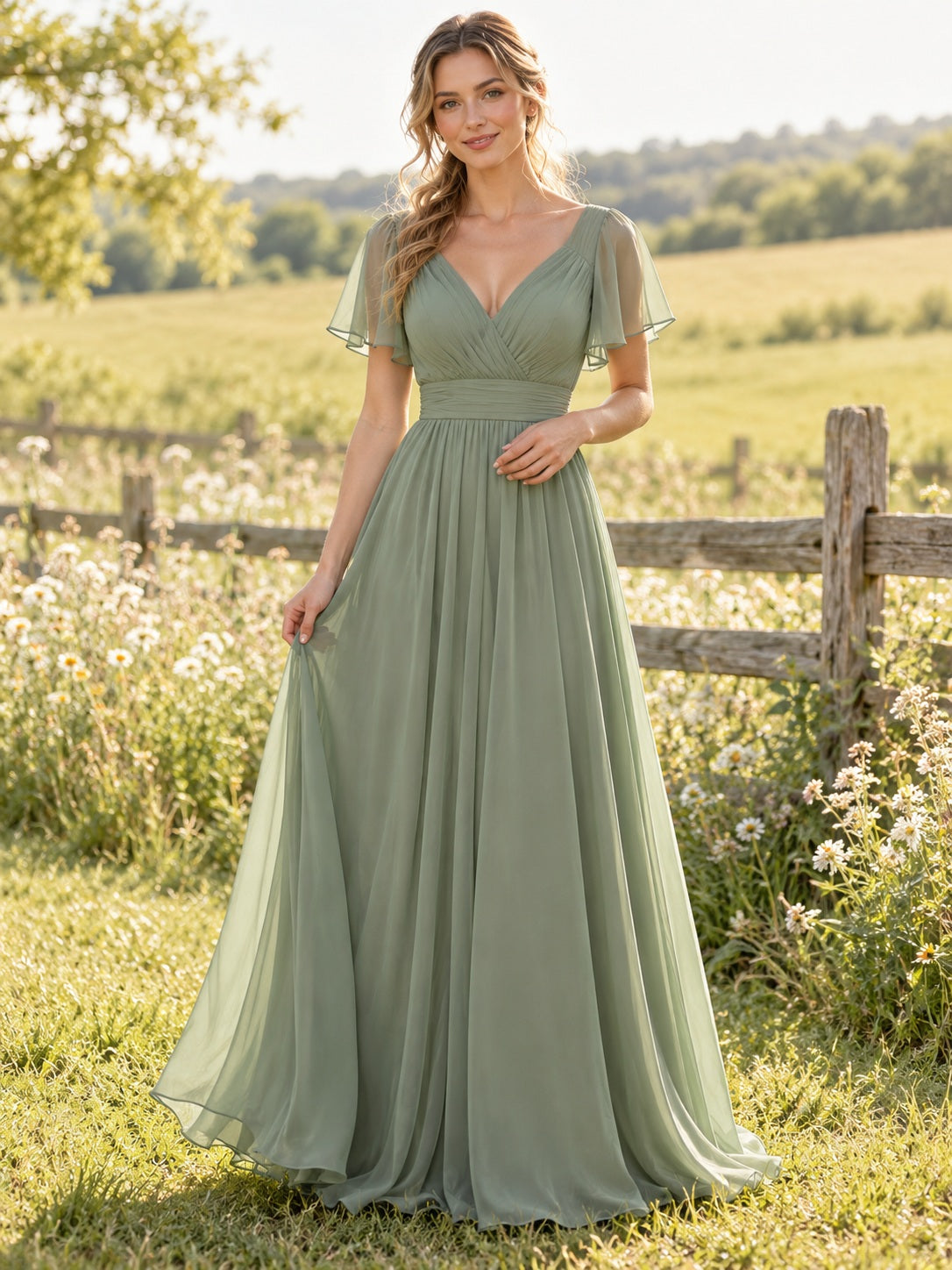 Robe de demoiselle d'honneur longue trapèze en mousseline plissée à col en V et manches papillon vert sauge