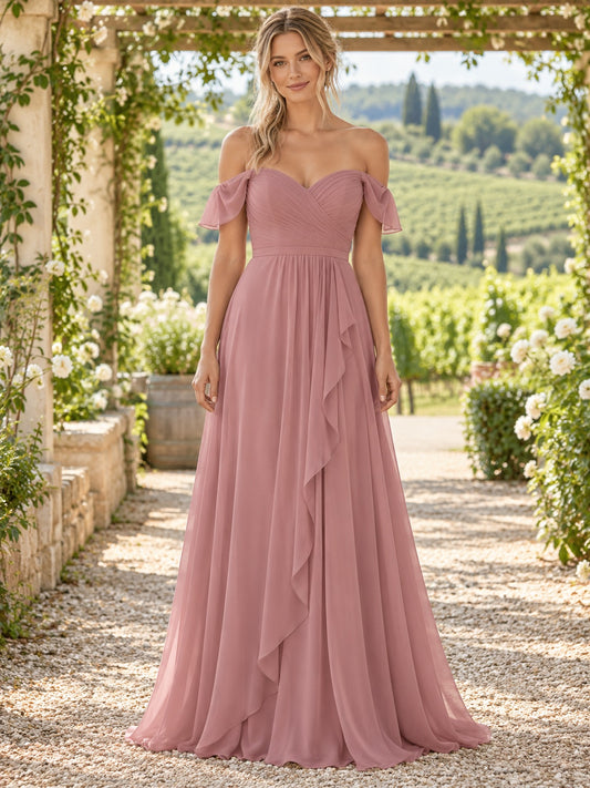 Vestido de dama de honor de gasa en rosa antiguo, línea A, hombros descubiertos y escote corazón y largo hasta el suelo
