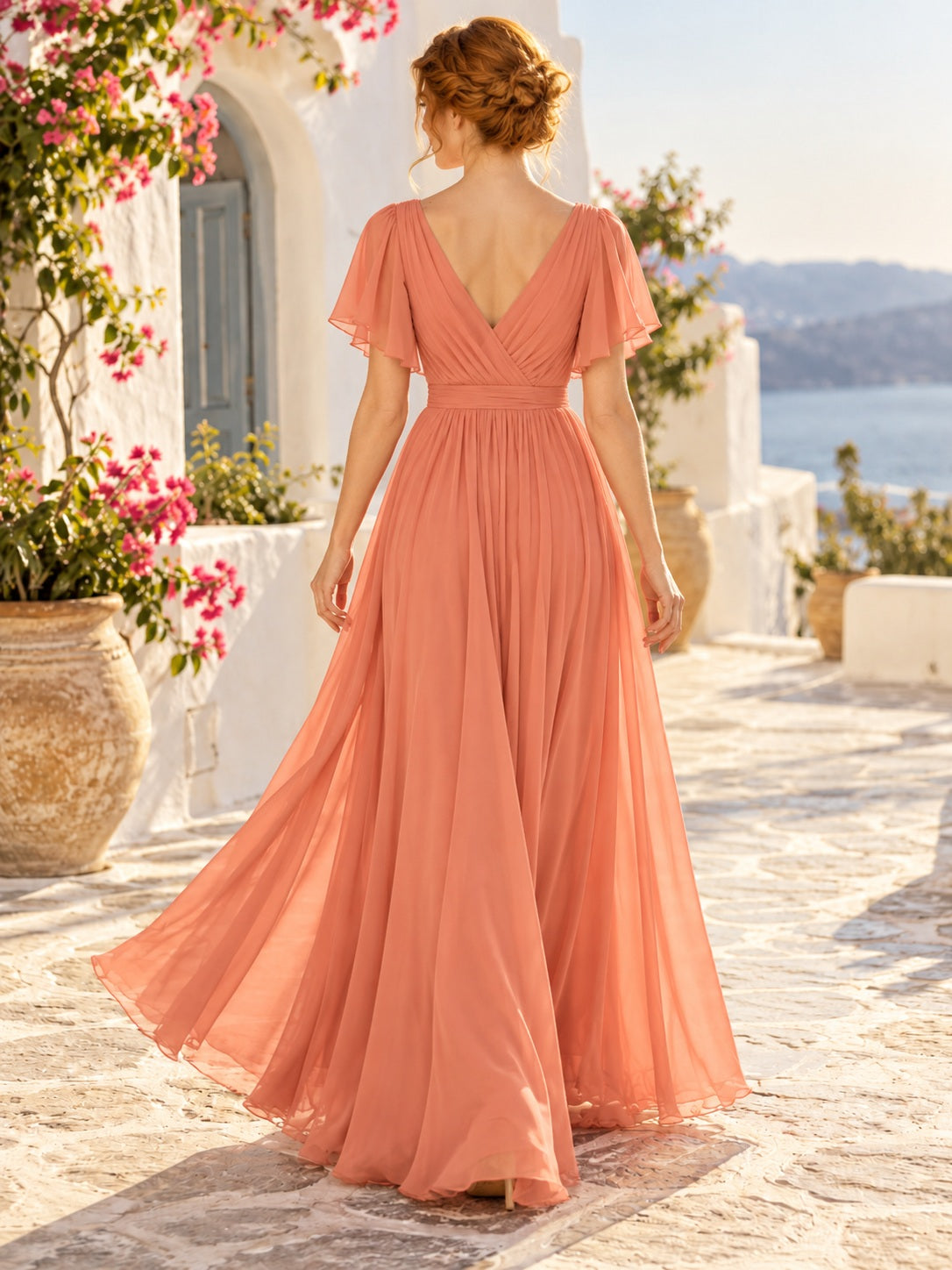 Vestido de dama de honor de gasa en coral, línea A, escote en V, manga corta y largo hasta el suelo