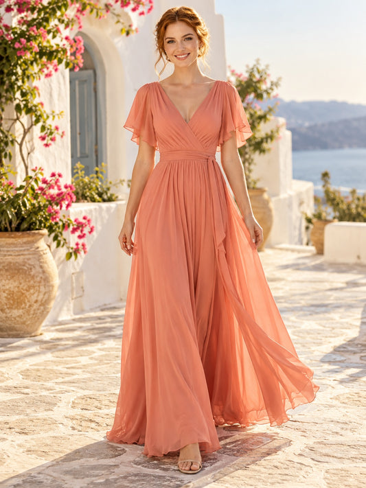 Vestido de dama de honor de gasa en coral, línea A, escote en V, manga corta y largo hasta el suelo