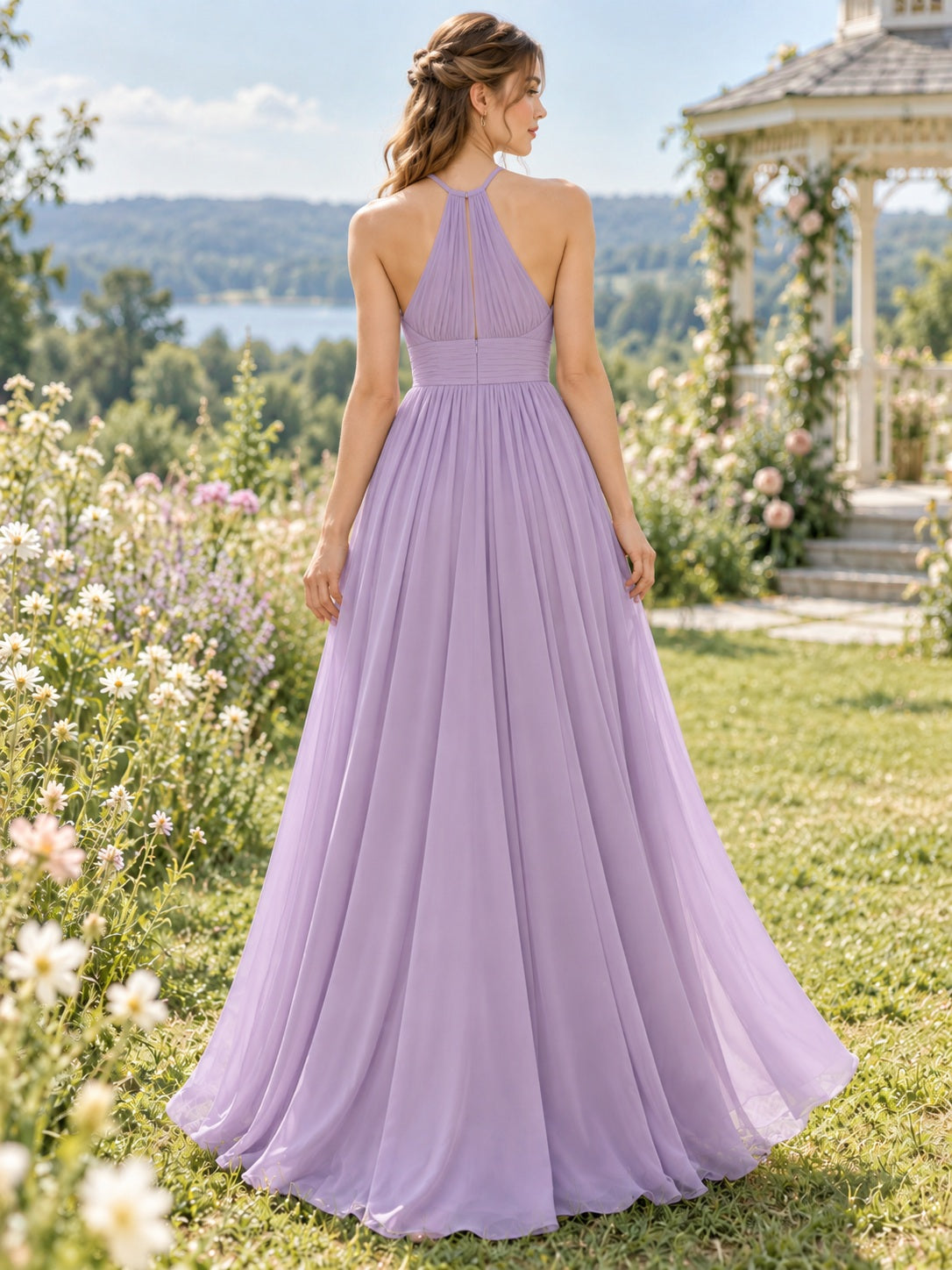 Robe de demoiselle d'honneur d'été simple en mousseline plissée à col licou montant, coupe trapèze longue, couleur lavande