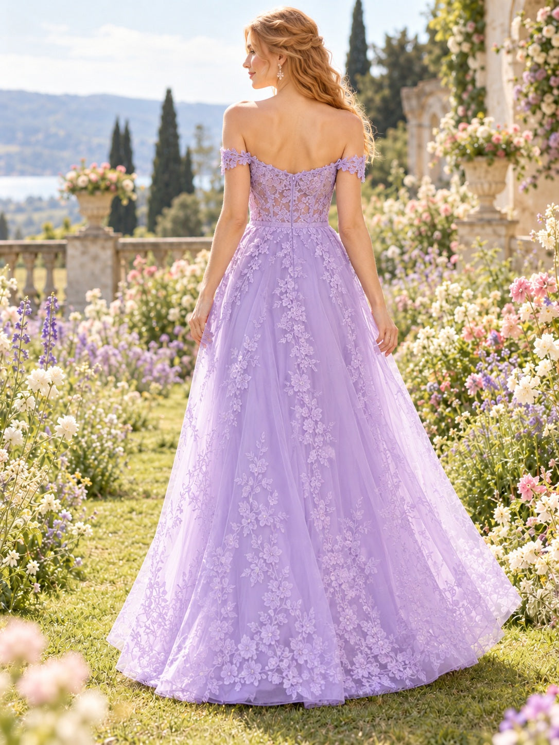 Robe de demoiselle d'honneur fluide trapèze en tulle à dentelle florale cœur, épaules dénudées, lavande printanière