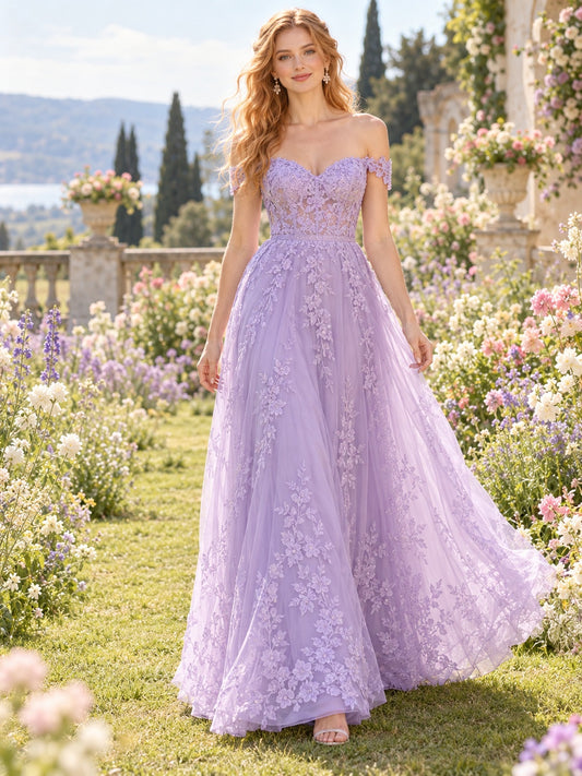 Spring Lavender Off-Shoulder Sweetheart Floral Lace Tulle Flowing A-line Bridesmaid Dress — image 1, style 113552