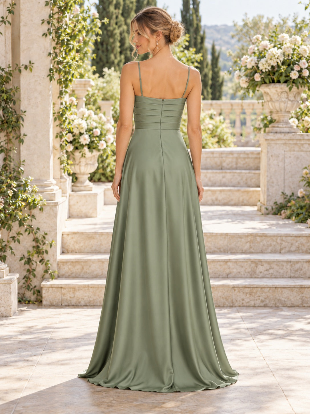 Simple Long Sage Square Neck Spaghetti Satin Split A-line Bridesmaid Dress — image 2, style 113561